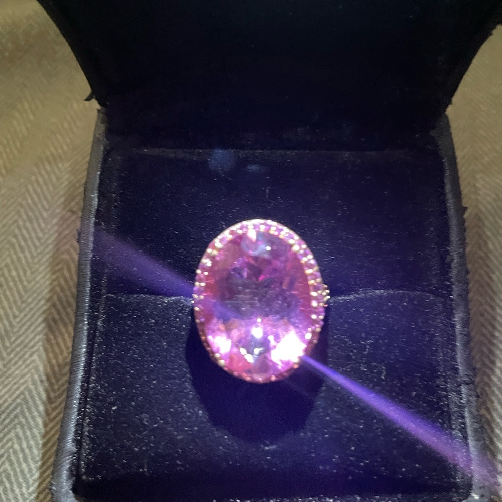 Large pink quartz and sapphire ring